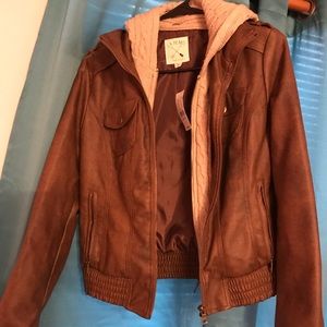 Brown leather jacket with removable crochet hood